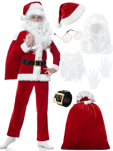 FancyFun Santa Claus Costume for Kids 9PCS Boys Christmas Suit Kids Santa Costume Outfit Velvet For Boys Christmas Cosplay 8-10Years