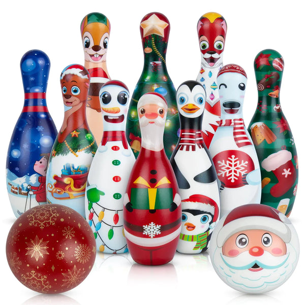 Christmas Bowling Set for Kids Toddler Party Supplies Christmas Bowling Game for Kids Bowling Pins Bowling Balls for Family Indoor Outdoor Party Games Kids Party Decor Winter Holiday Games for Kids