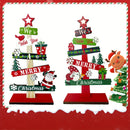 A small wooden Christmas tree with holiday decorations, Santa Claus, and gift designs, made of wood for holiday decorations