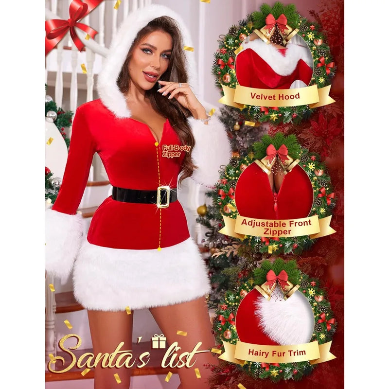 Christmas for Women Santa Costume, Sexy Santa Outfit 2Pcs Velvet Babydoll Lingerie Dresses with Belt Furry, Cosplay Costumes Set