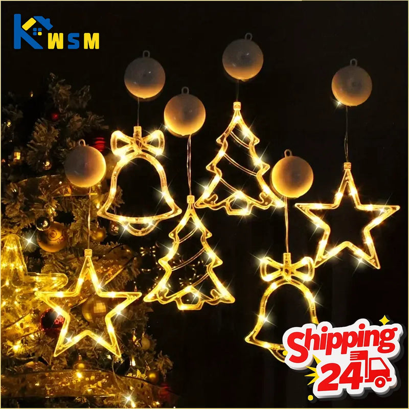 LED Christmas Suction Cup Lights Santa Claus Fawn Bell Pine Tree Star Window Wall Holiday Party Home Decoration Lighting