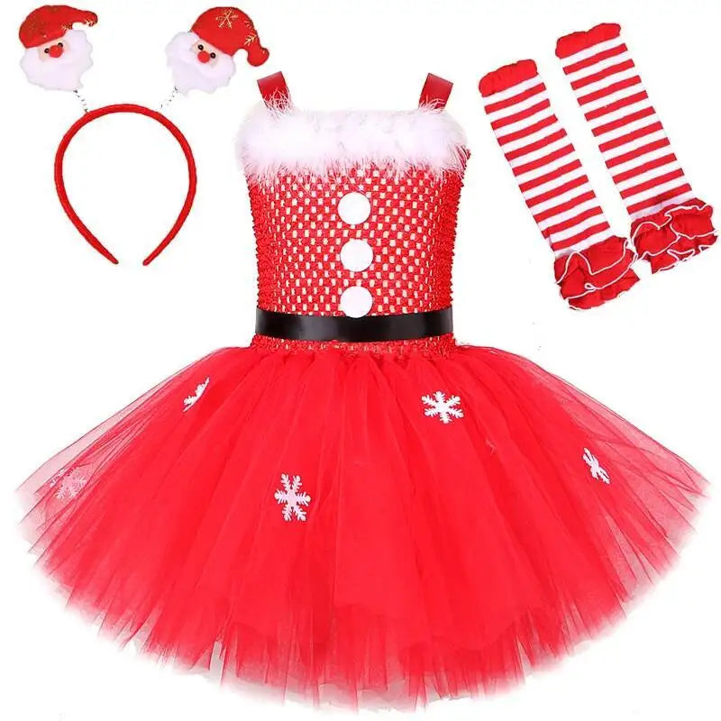 Red Santa Claus Costumes for Girls Christmas Tutu Dress for Kids New Year Carnival Fancy Outfit Children Xmas Party Clothes