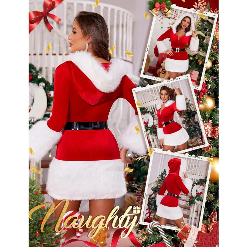 Christmas for Women Santa Costume, Sexy Santa Outfit 2Pcs Velvet Babydoll Lingerie Dresses with Belt Furry, Cosplay Costumes Set