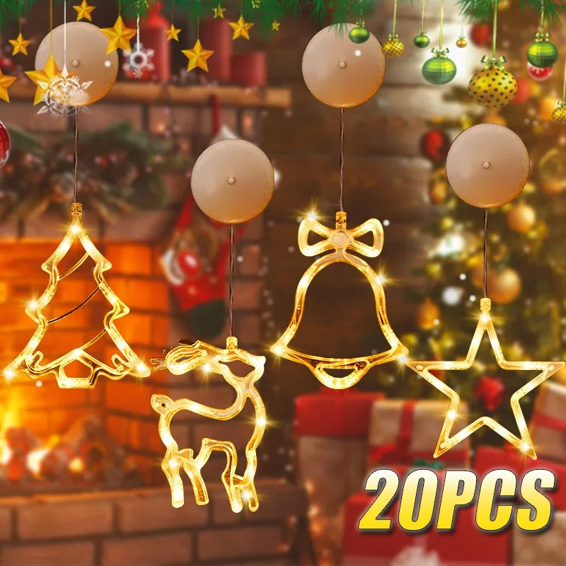 1-20PCS LED Christmas Suction Cup Lights Fawn Bell Pine Tree Star Father Christmas Window Wall Lights Holiday Decoration Lights