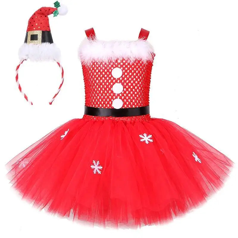 Red Santa Claus Costumes for Girls Christmas Tutu Dress for Kids New Year Carnival Fancy Outfit Children Xmas Party Clothes