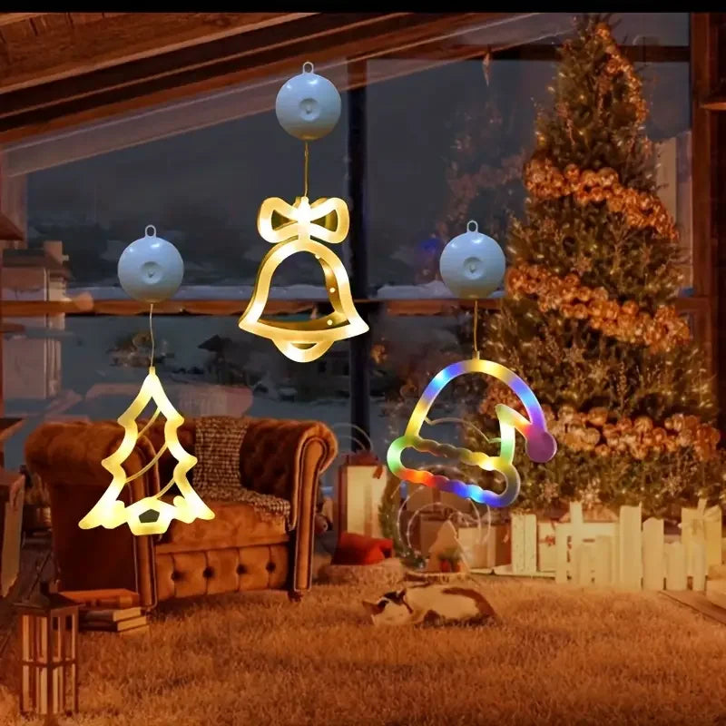 LED Christmas Suction Cup Lights Santa Claus Fawn Bell Pine Tree Star Window Wall Holiday Party Home Decoration Lighting
