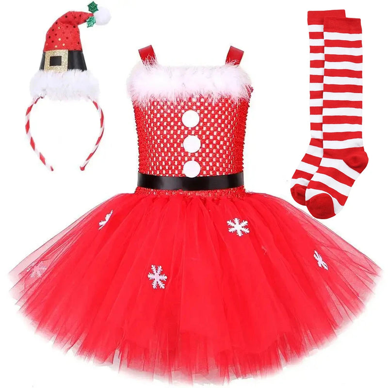 Red Santa Claus Costumes for Girls Christmas Tutu Dress for Kids New Year Carnival Fancy Outfit Children Xmas Party Clothes