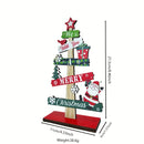 A small wooden Christmas tree with holiday decorations, Santa Claus, and gift designs, made of wood for holiday decorations