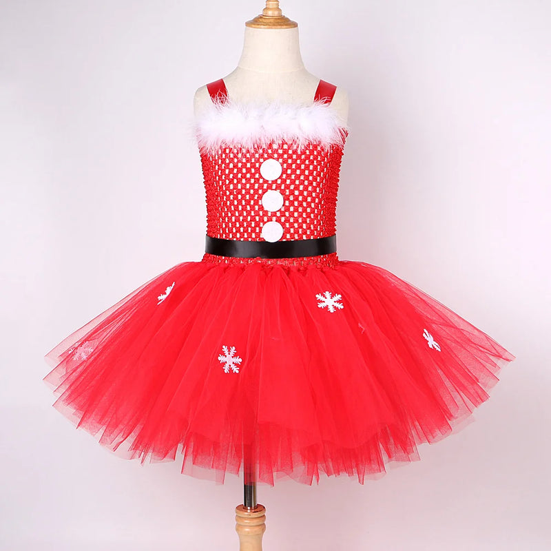 Red Santa Claus Costumes for Girls Christmas Tutu Dress for Kids New Year Carnival Fancy Outfit Children Xmas Party Clothes
