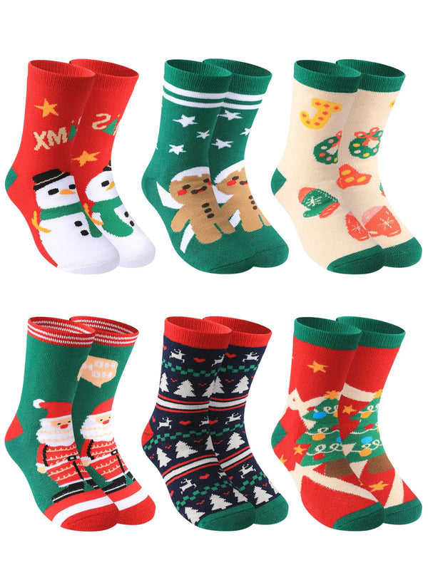 Christmas Socks for Kids Boys Girls Thick Cotton Holiday Socks with Cushion Xmas Sock for Winter 6 Pairs